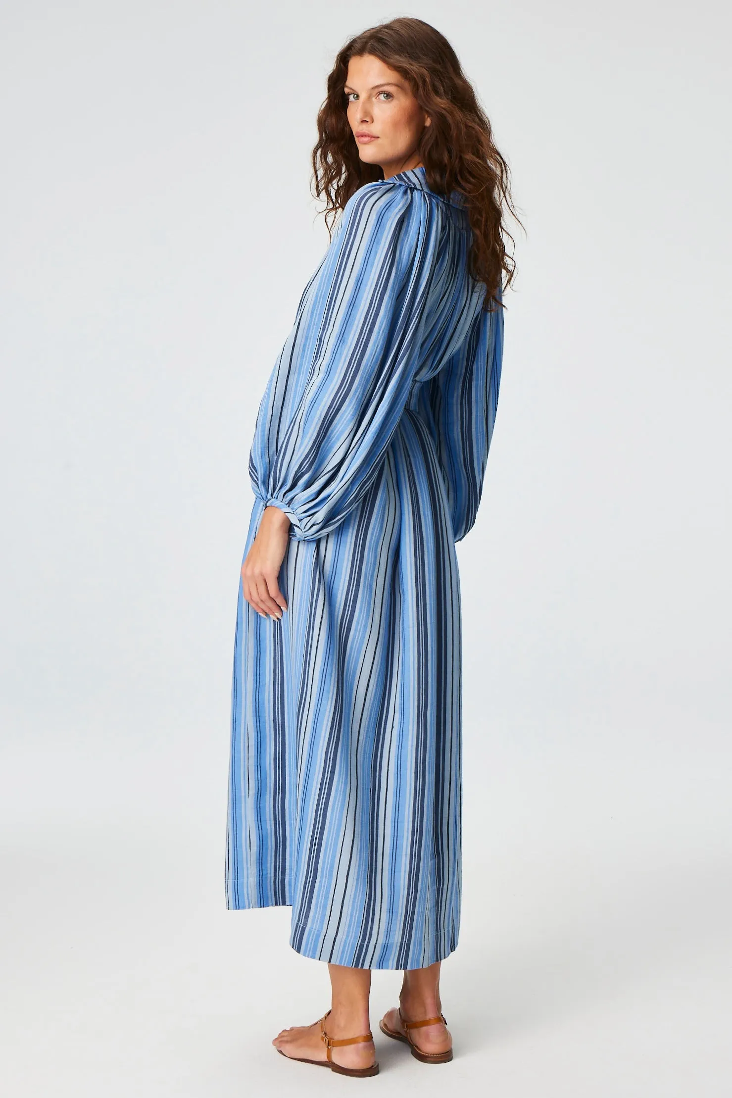 THE POET DRESS in SEA STRIPED LINEN