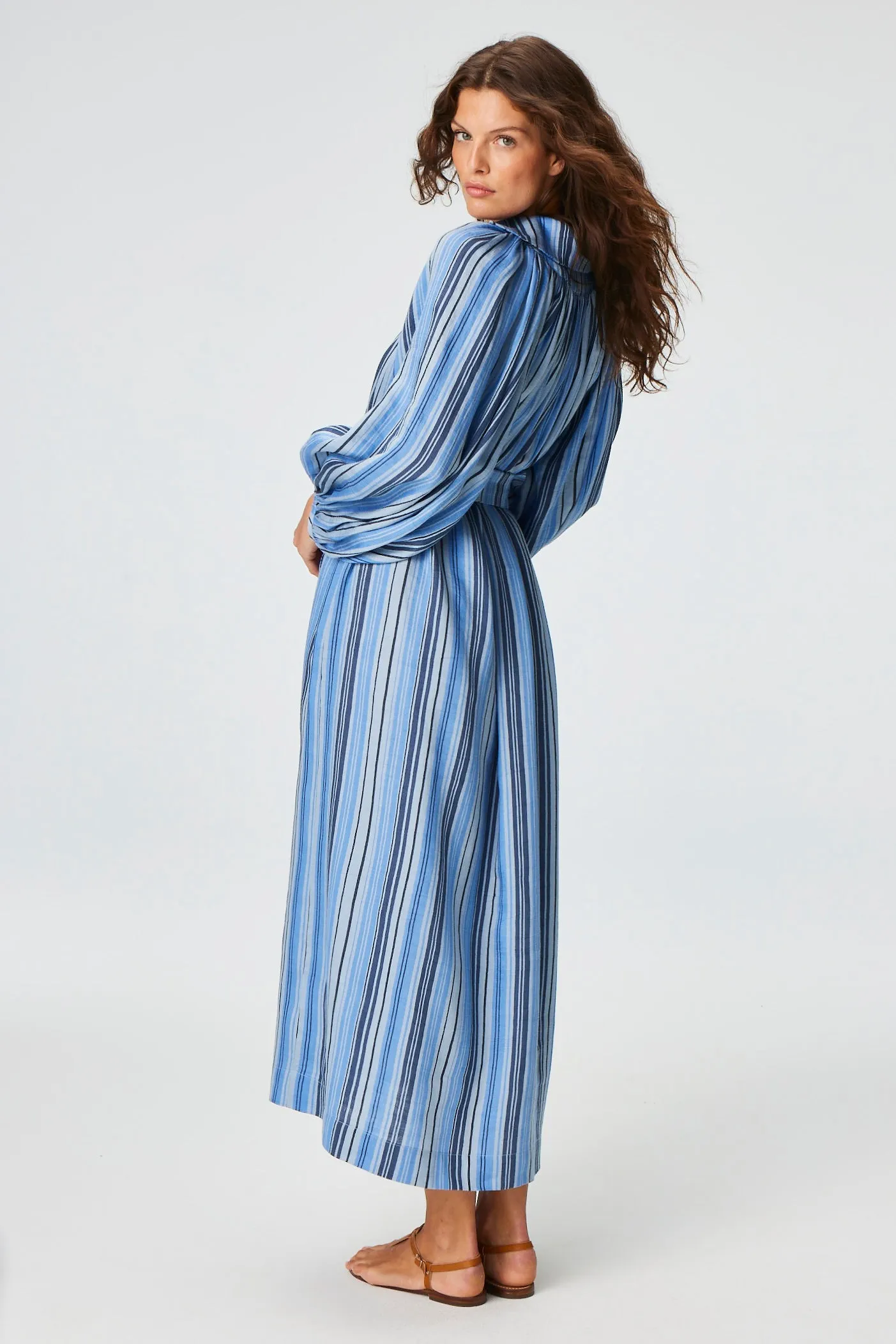 THE POET DRESS in SEA STRIPED LINEN