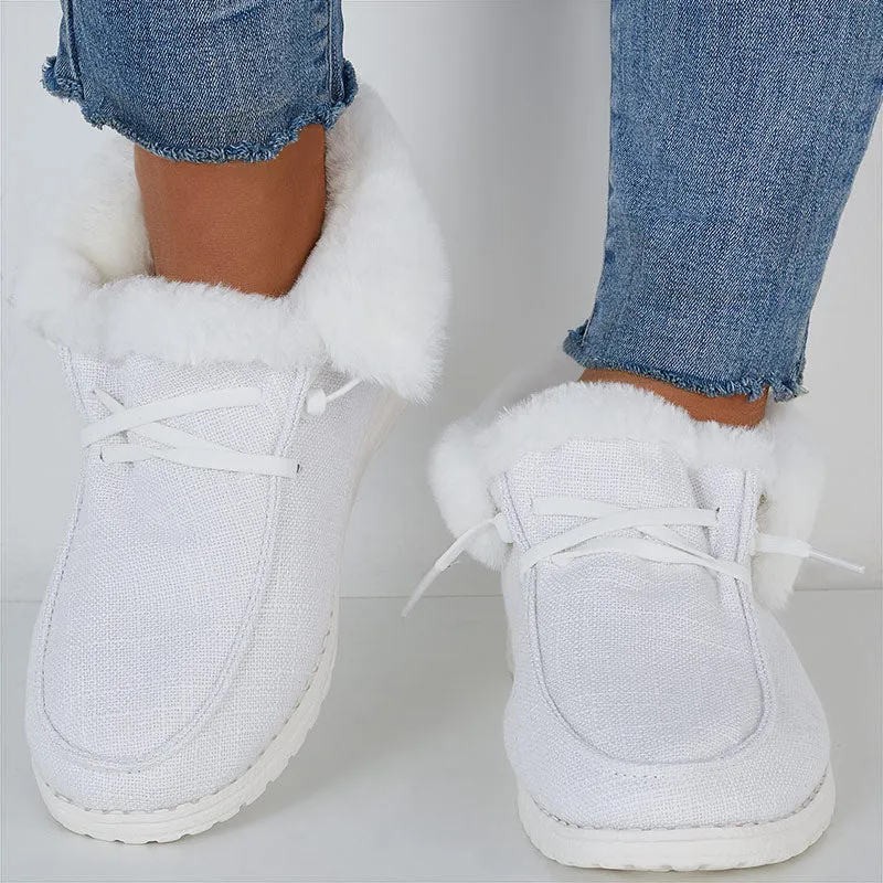 White Warm Flats Lace Up Snow Boots Faux Fur Lined Loafer Shoes