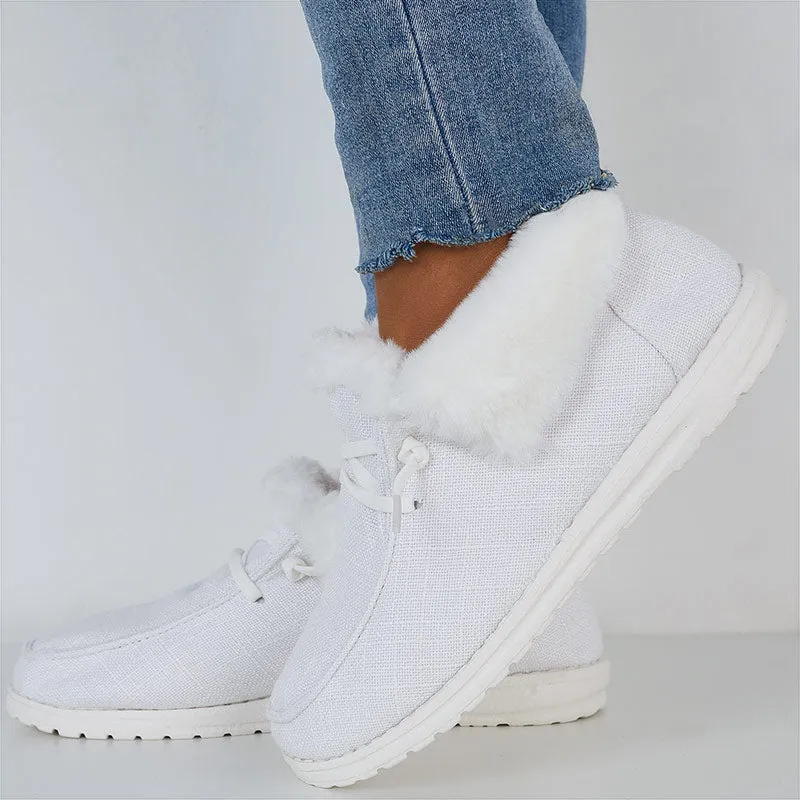 White Warm Flats Lace Up Snow Boots Faux Fur Lined Loafer Shoes
