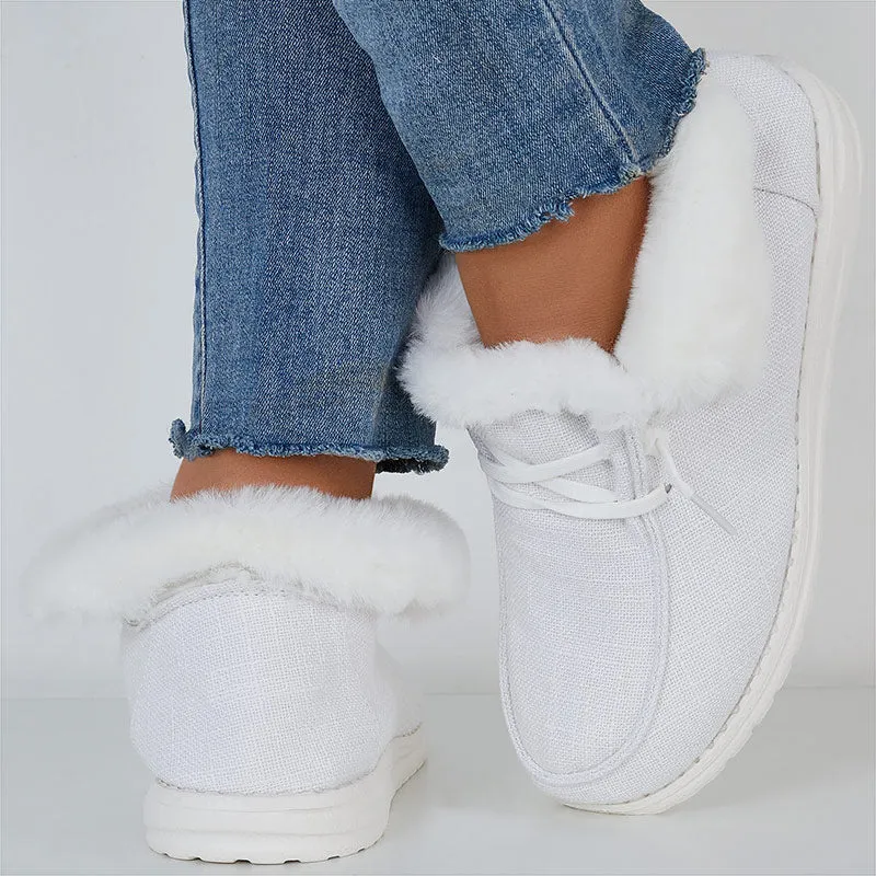 White Warm Flats Lace Up Snow Boots Faux Fur Lined Loafer Shoes
