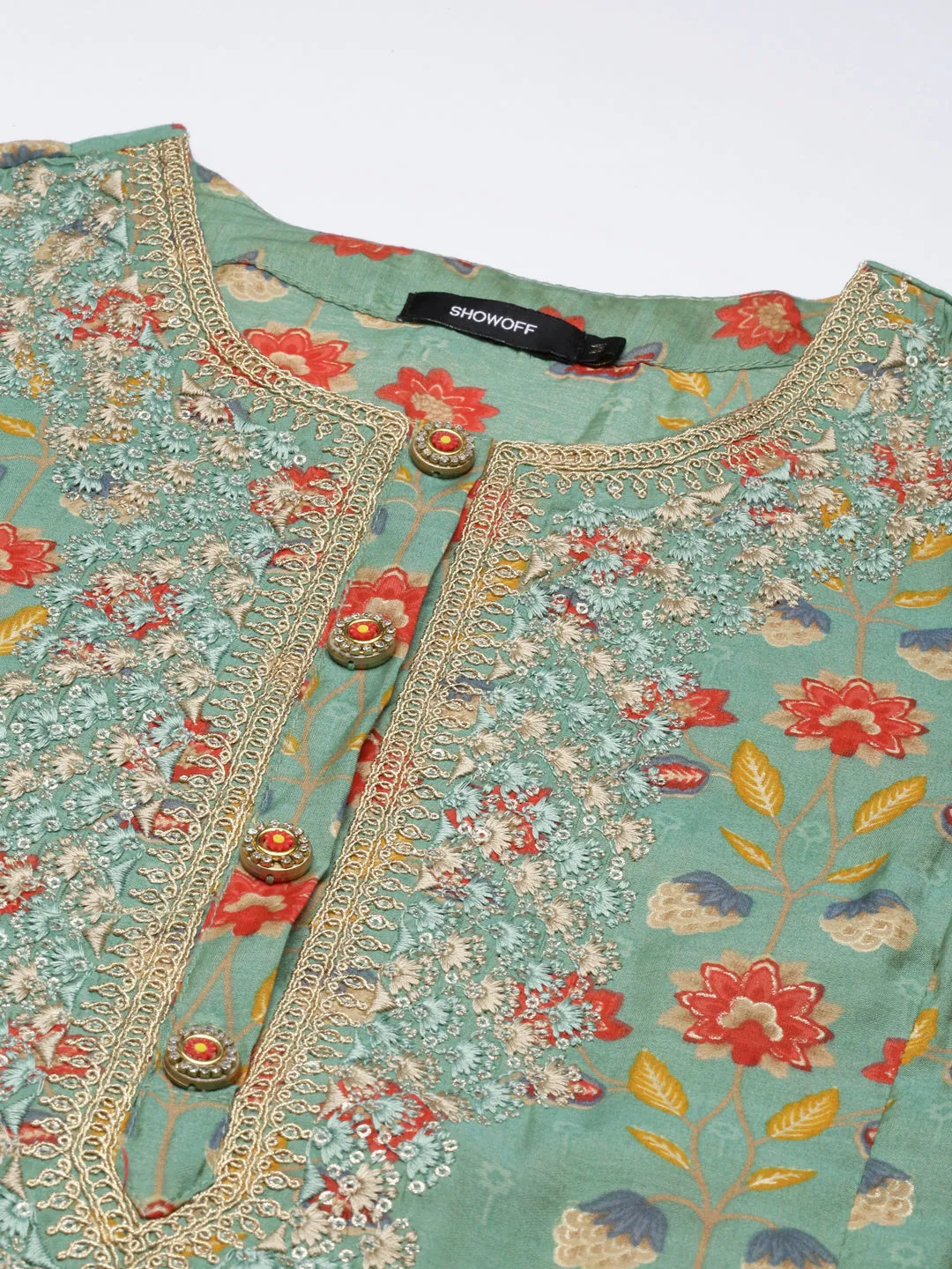 Women Green Floral Kurta Set
