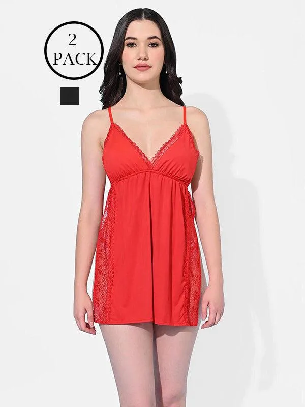 Women Satin Babydoll Lingerie with G-String Panty Pack of 2