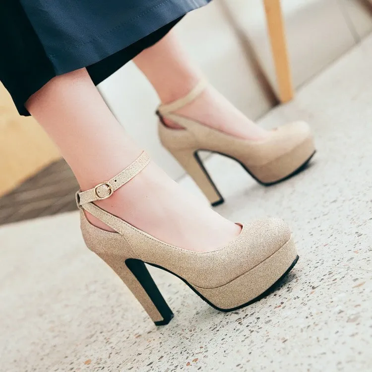 Women's Ankle Strap High Heels Chunky Platform Pumps