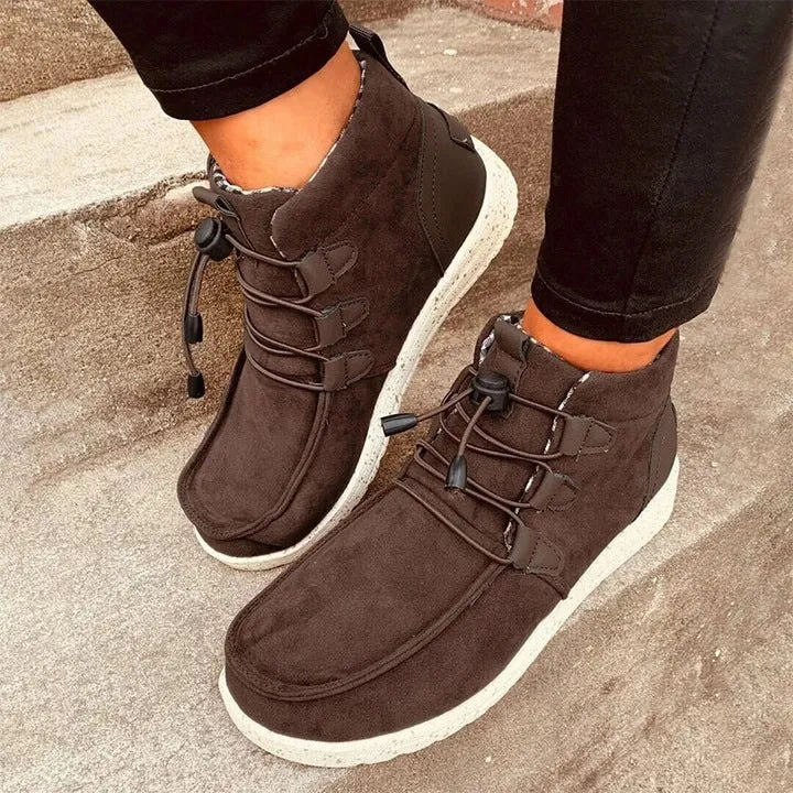 Women's faux suede elastic front lace flat booties casual comfy walking sneakers shoes