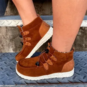 Women's faux suede elastic front lace flat booties casual comfy walking sneakers shoes