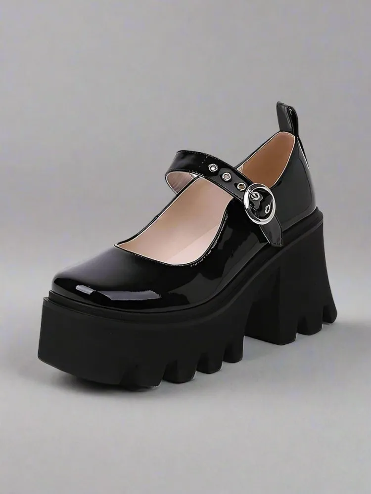 Womens Gothic Mary Jane Pumps Platform Thick Heels