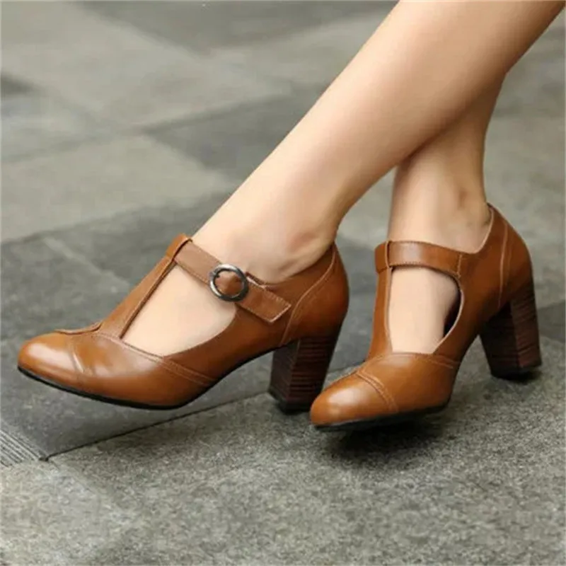 Women's round toe closed toe T-strap chunky high heels loafers retro dress shoes