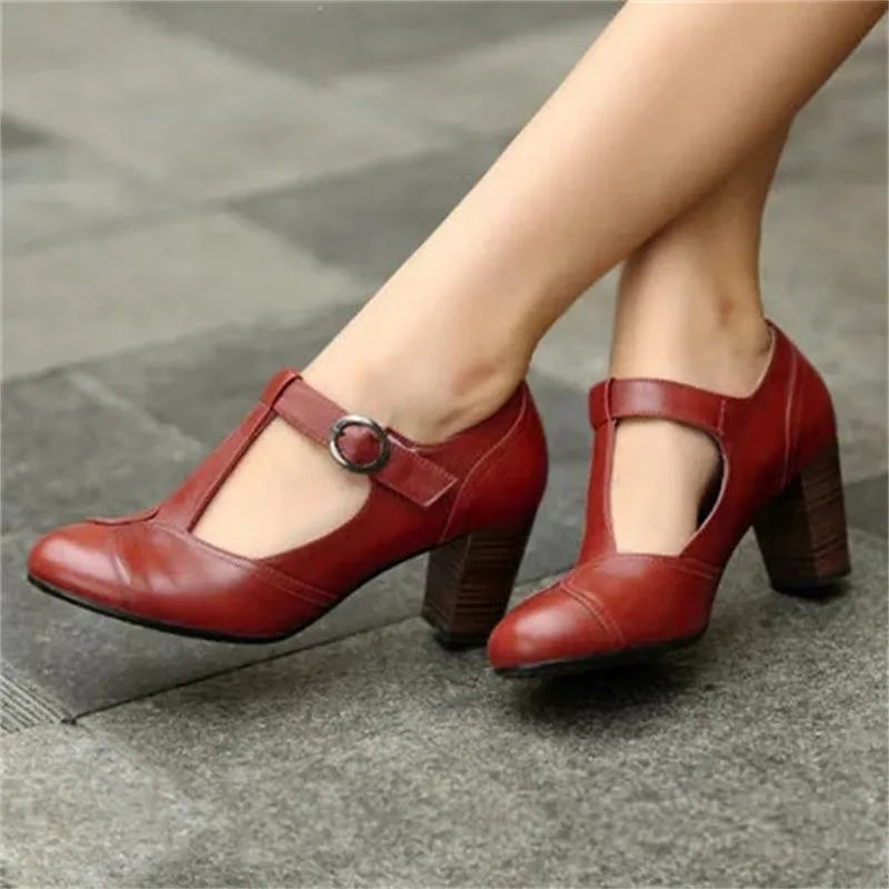 Women's round toe closed toe T-strap chunky high heels loafers retro dress shoes
