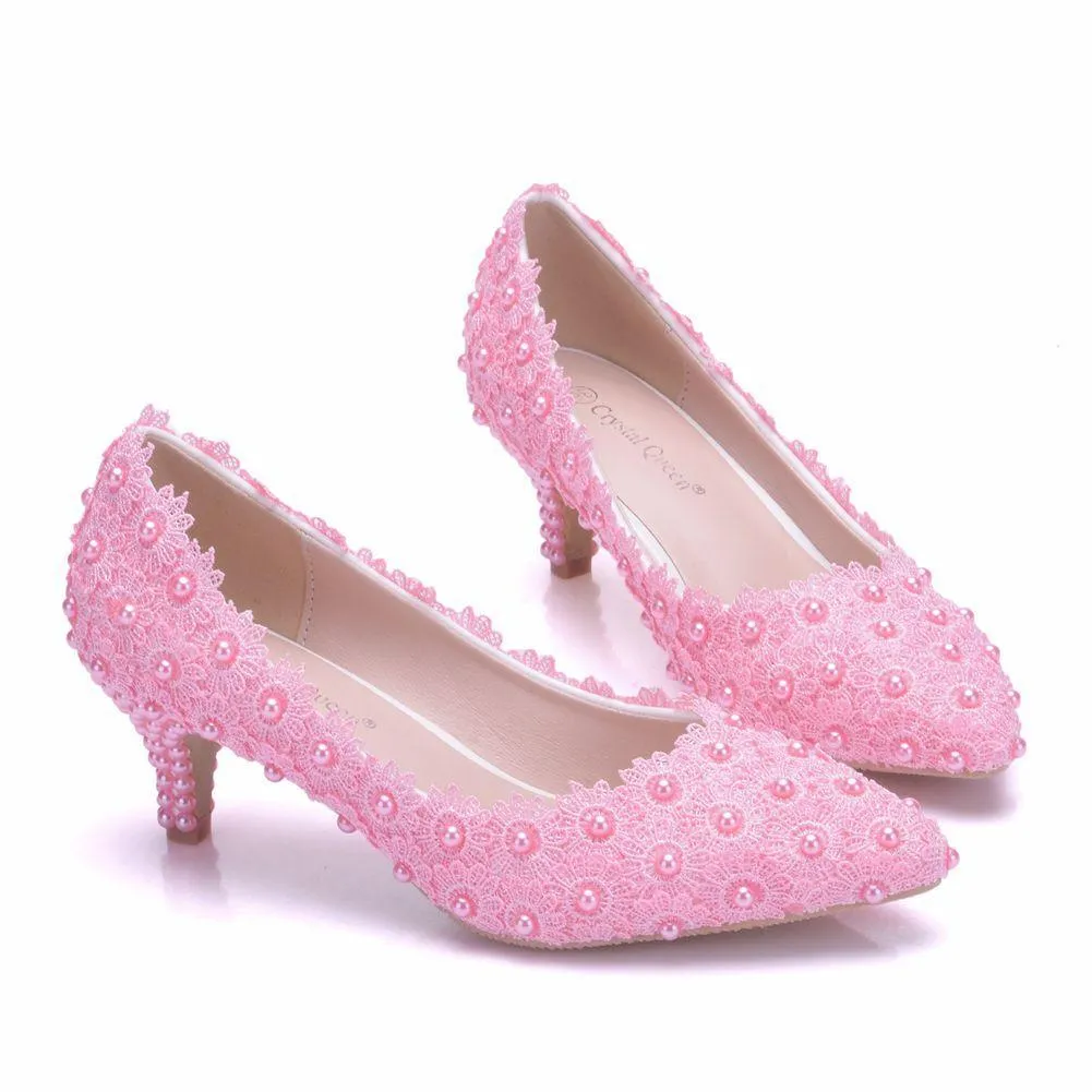 Women's white floral lace wedding pumps