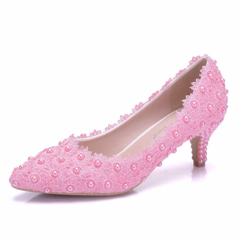 Women's white floral lace wedding pumps