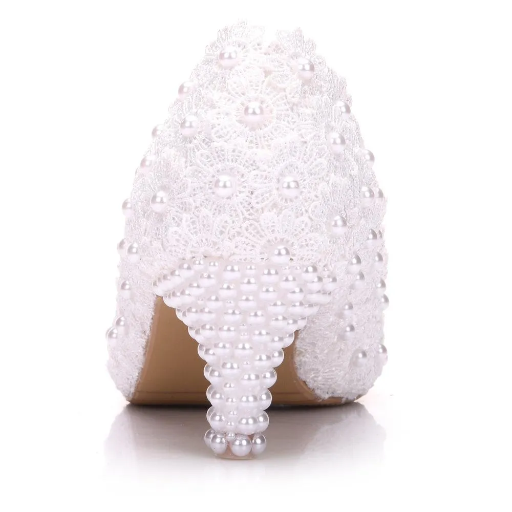 Women's white floral lace wedding pumps