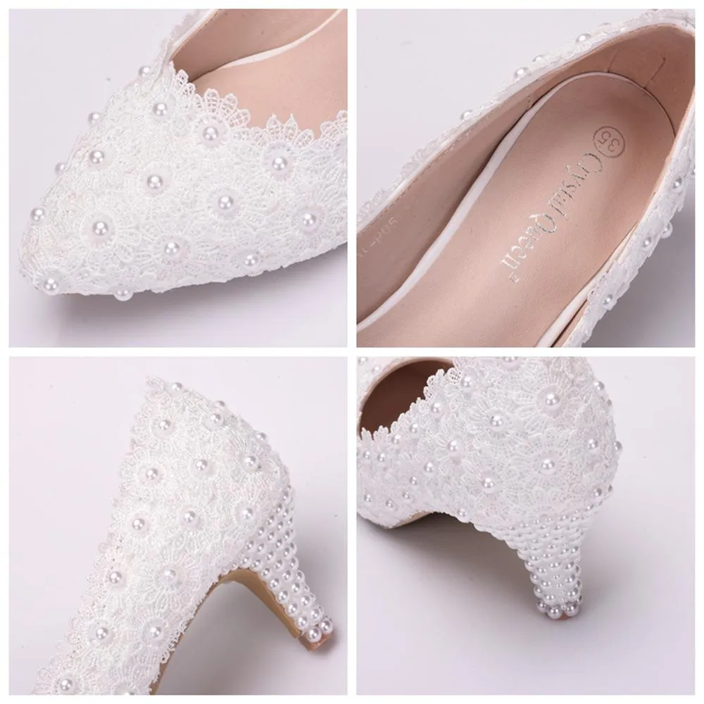 Women's white floral lace wedding pumps