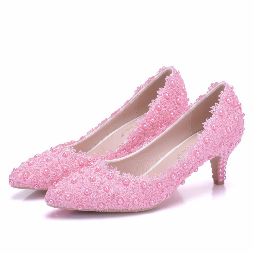 Women's white floral lace wedding pumps