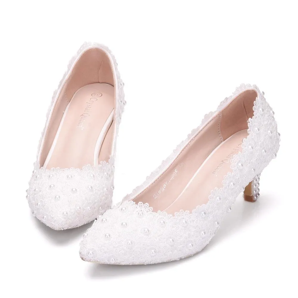 Women's white floral lace wedding pumps