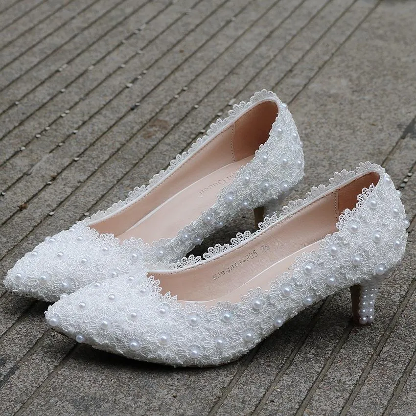 Women's white floral lace wedding pumps
