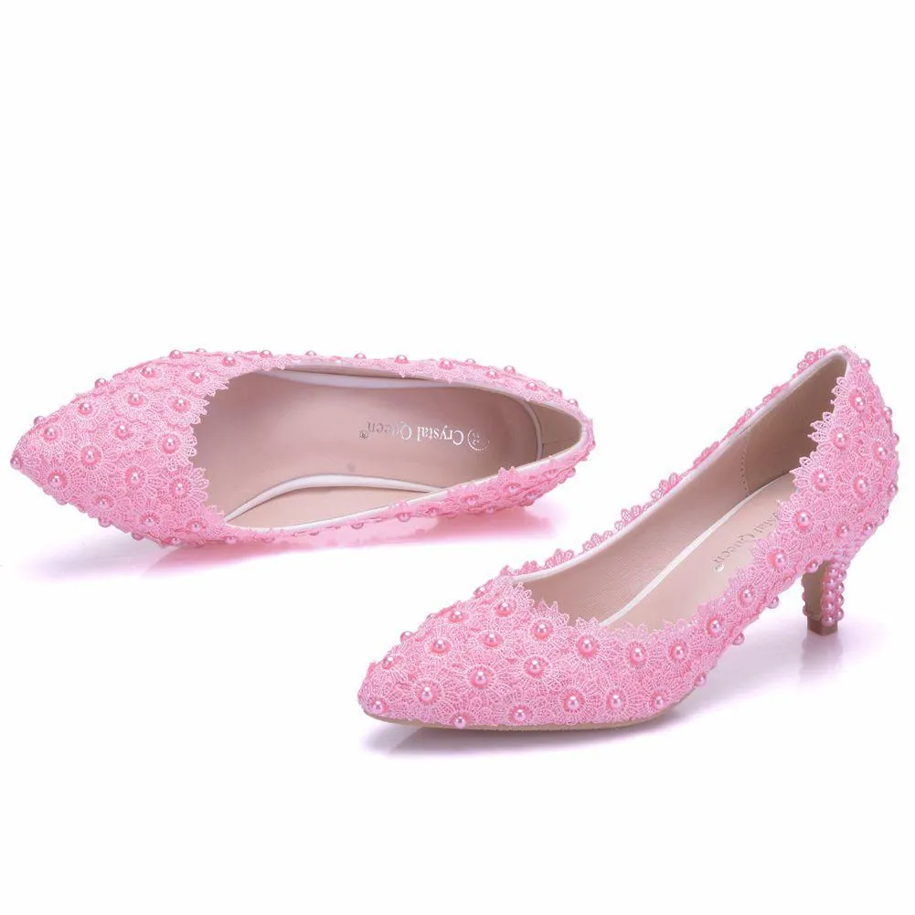 Women's white floral lace wedding pumps