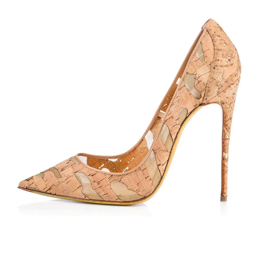 Wood Grain Stiletto Heel Pionted Toe High Heels Party Shoes