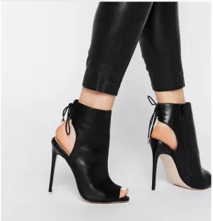 Zipper Cut Out PU Stiletto High Heels Peep-toe Ankle Boot Sandals